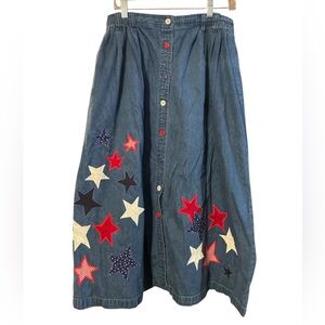 TY Original Denim Button-Front Maxi Skirt with Star Appliqués - Red White & Blue